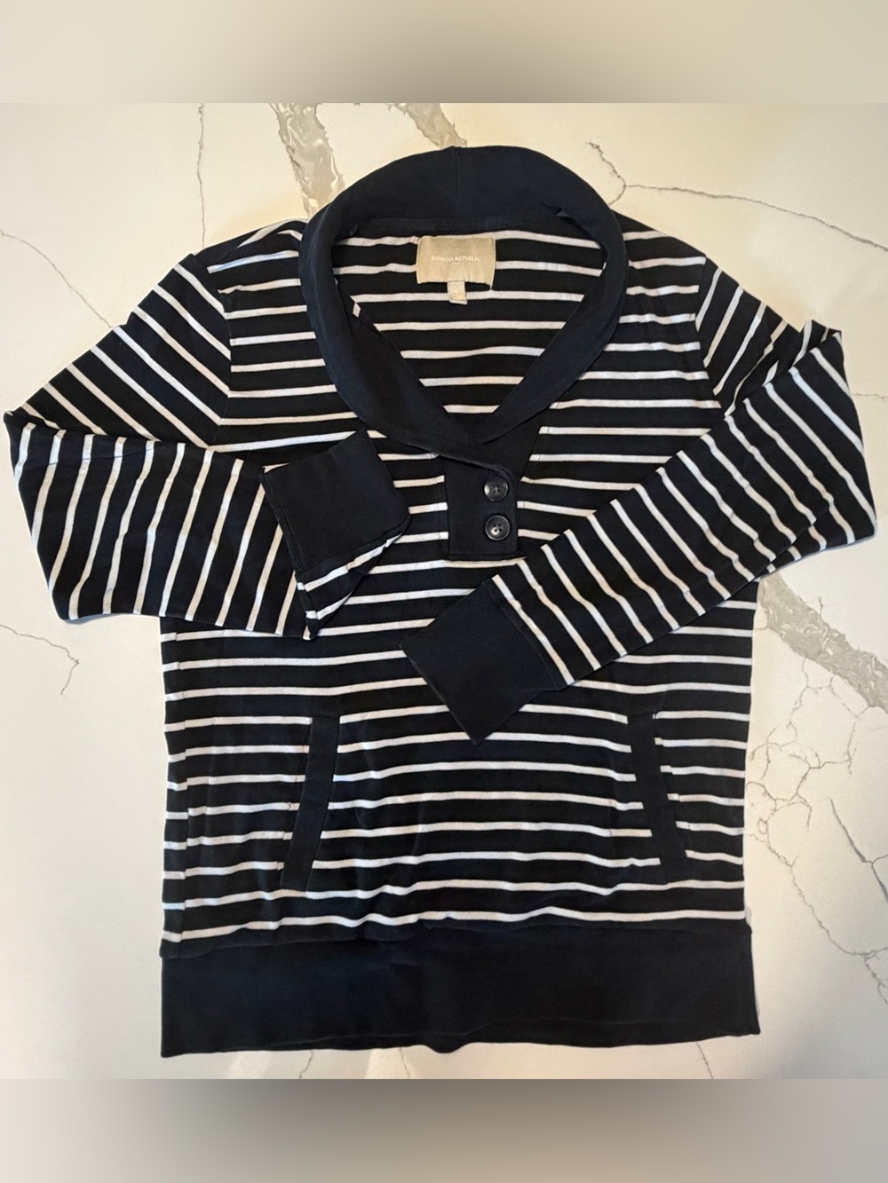 Banana Republic Women’s Black & White Striped V-Neck Shawl Sweater
